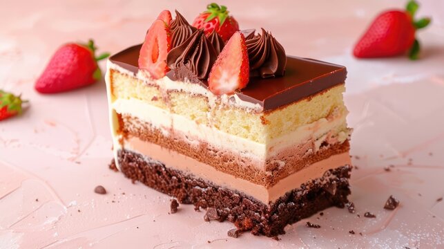 playful neapolitan cake with chocolate, vanilla, and strawberry layers on a soft blush background, fun and inviting for text