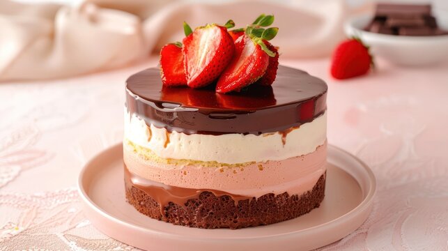 playful neapolitan cake with chocolate, vanilla, and strawberry layers on a soft blush background, fun and inviting for text