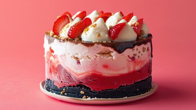 playful Neapolitan ice cream cake on a bright strawberry red background, fun and perfect for nostalgic text