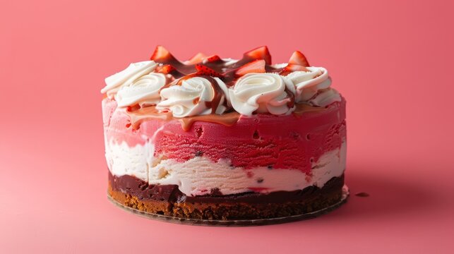 playful Neapolitan ice cream cake on a bright strawberry red background, fun and perfect for nostalgic text