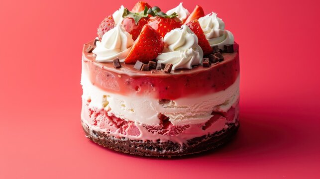 playful Neapolitan ice cream cake on a bright strawberry red background, fun and perfect for nostalgic text