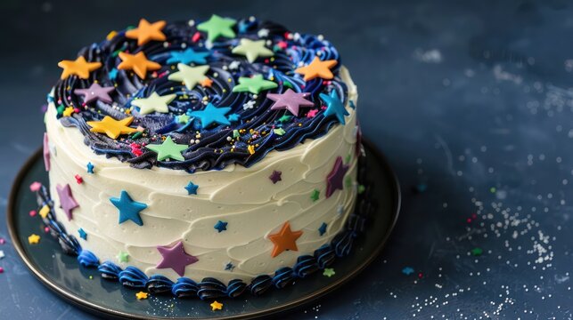 playful outer space cake with galaxy frosting and edible stars on a dark blue background, fun and inviting for adventurous text