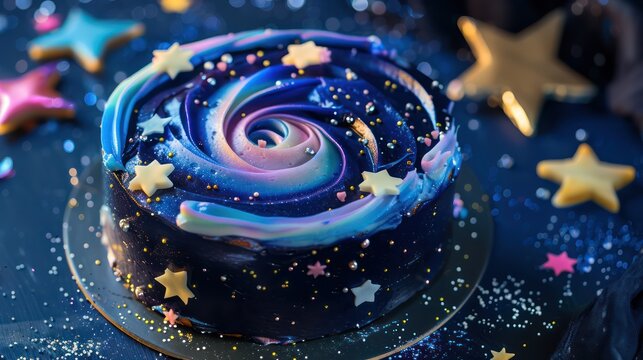 playful outer space cake with galaxy frosting and edible stars on a dark blue background, fun and inviting for space-themed parties