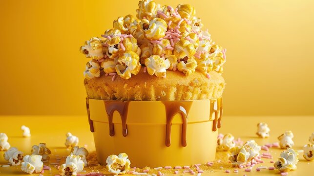 playful popcorn cake with caramel drizzle on a butter yellow background, fun and inviting for movie night text