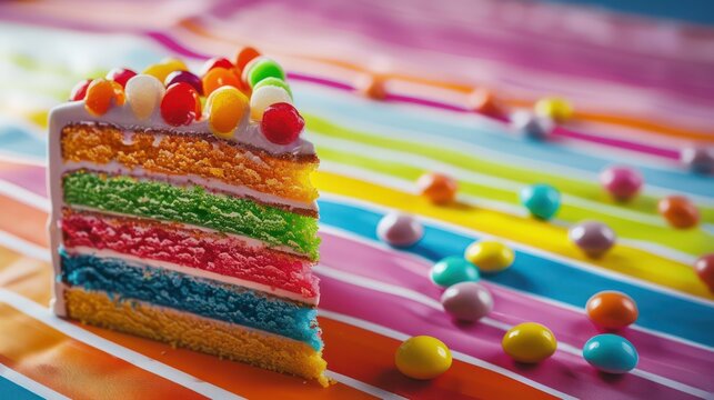 playful rainbow candy cake with layers of colorful candies on a bright candy stripe background, vibrant and fun for cheerful text
