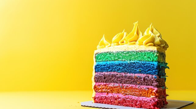 playful rainbow layer cake with multi-colored frostings on a bright lemon yellow background, vibrant for fun text