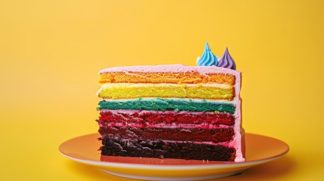 playful rainbow layer cake with multi-colored frostings on a bright lemon yellow background, vibrant for fun text