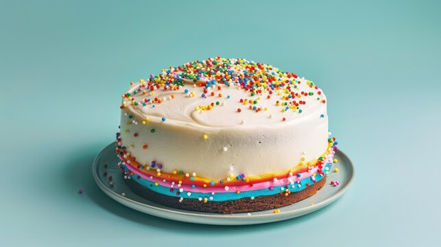playful rainbow sprinkles cake with a white frosting on a light cyan background, fun and vibrant for cheerful text