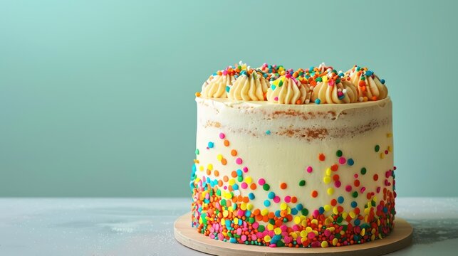 playful rainbow sprinkles cake with a white frosting on a light cyan background, fun and vibrant for cheerful text