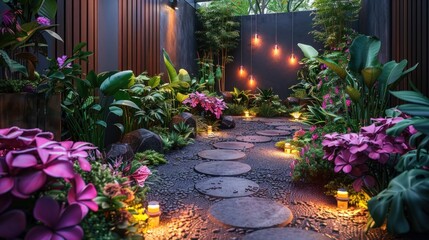 Poster - Illuminated Stone Path Through a Lush Tropical Garden