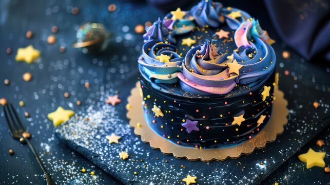 playful space-themed cake with galaxy frosting and edible stars on a dark blue background, fun and inviting for cosmic-themed parties