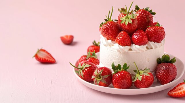 playful strawberry shortcake with fresh strawberries on a light pink background, sweet and inviting for friendly text