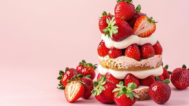 playful strawberry shortcake with fresh strawberries on a light pink background, sweet and inviting for friendly text