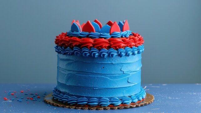 playful superhero cake with bold red and blue frosting on a royal blue background, ideal for adventurous text