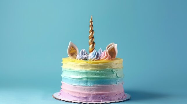 playful unicorn cake with pastel rainbow layers and a shimmering horn on a sky blue background, magical and perfect for dreamy themes