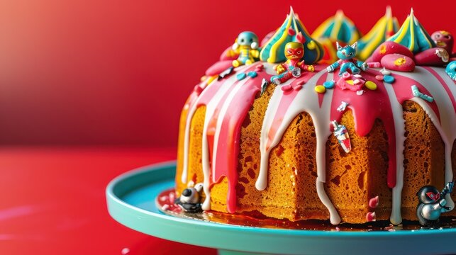 playful superhero cake with colorful icing and edible figures on a bright red background, vibrant and fun for kids' parties