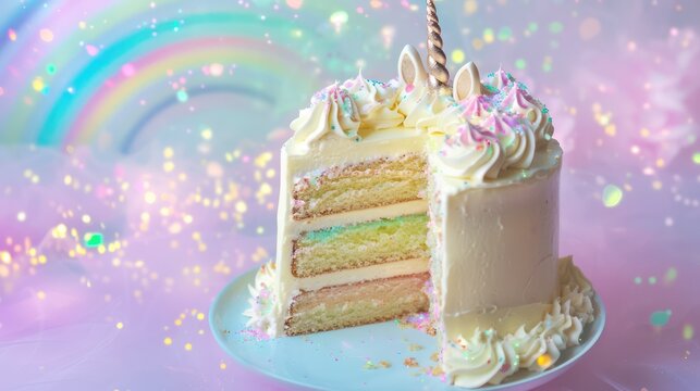 playful unicorn sparkle cake with shimmering frosting on a pastel rainbow background, magical and perfect for fun text