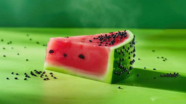 playful watermelon flavored cake with black sesame seeds on a vibrant green background, fun and refreshing for text