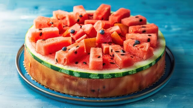refreshing watermelon cake with real fruit pieces, set against a vibrant cyan backdrop