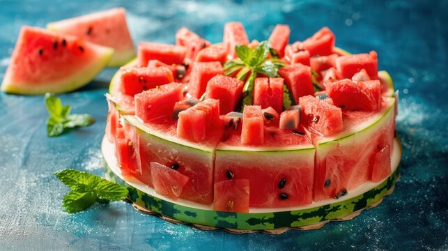 refreshing watermelon cake with real fruit pieces, set against a vibrant cyan backdrop