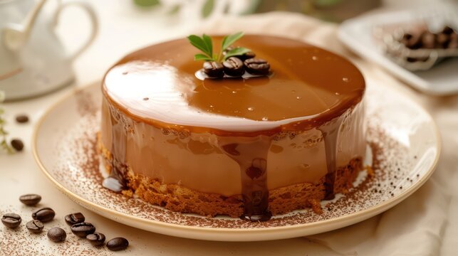 rich caramel mocha cake with a coffee bean garnish on a warm cream backdrop, perfect for inviting text
