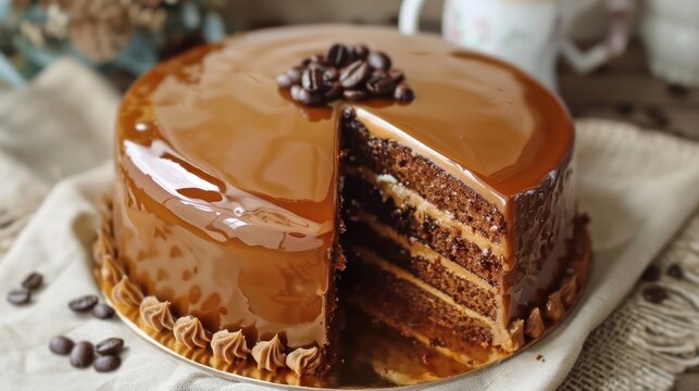 rich caramel mocha cake with a coffee bean garnish on a warm cream backdrop, perfect for inviting text