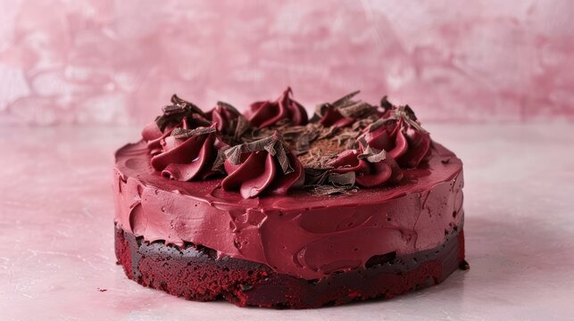 rich dark chocolate and beetroot cake, bold and earthy, set against a pale pink backdrop