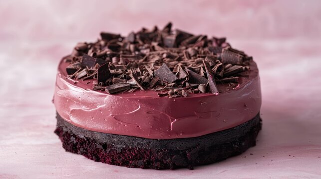 rich dark chocolate and beetroot cake, bold and earthy, set against a pale pink backdrop