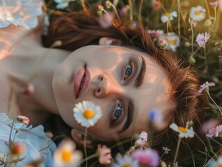 Wall Mural - Young woman lying in a field of flowers, sunlight on face.