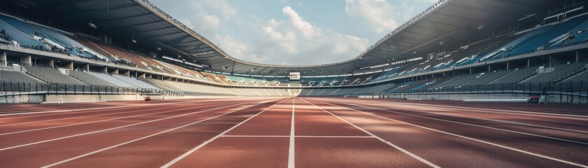 Panoramic view of an empty outdoor athletics stadium track, under a cloudy sky, viewed from the starting line, perfect for sport events.