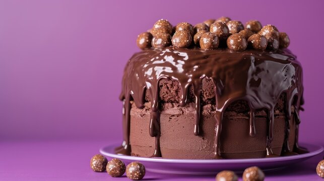 rich malt chocolate cake with maltesers and chocolate drizzle, set against a vibrant violet background