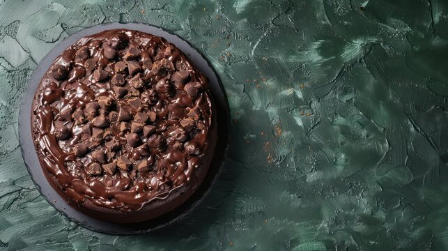 rich Guinness chocolate cake on a deep forest green background, perfect for a mature text tone
