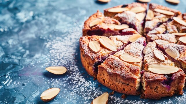 rich plum cake with almond slices on a royal blue background, sophisticated and perfect for elegant text