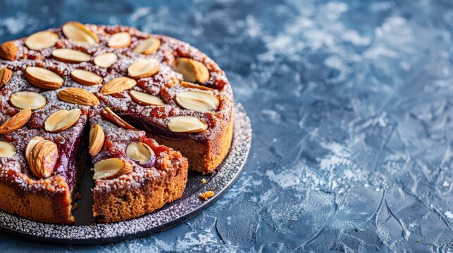 rich plum cake with almond slices on a royal blue background, sophisticated and perfect for elegant text