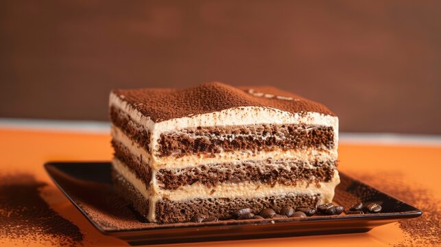 rich tiramisu cake with a bold coffee flavor, set against a vibrant orange backdrop
