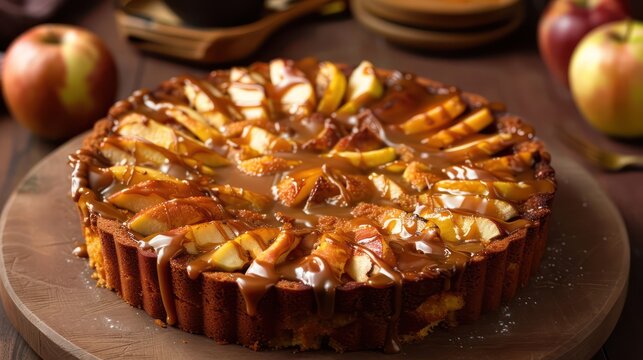 rustic apple and caramel cake with a caramel drizzle on a warm caramel background, inviting and perfect for cozy autumn text