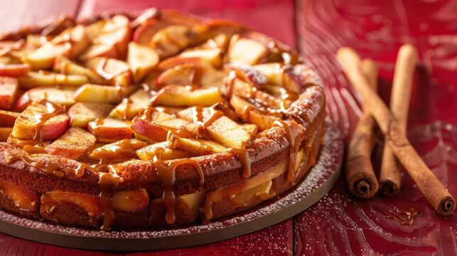 rustic apple and cinnamon cake with a caramel drizzle and cinnamon sticks on a warm red background, cozy and perfect for autumn celebrations