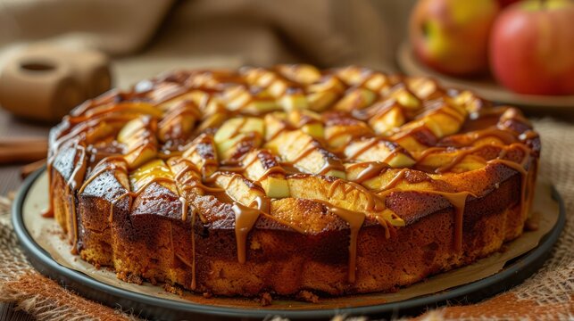 rustic apple cider cake with caramel drizzle, set against a warm cinnamon background