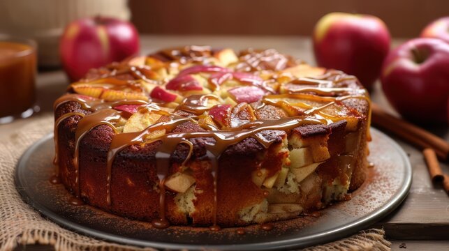 rustic apple cider cake with caramel drizzle, set against a warm cinnamon background