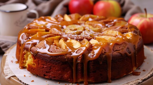 rustic apple cider cake with caramel icing on a warm taupe backdrop, great for cozy text