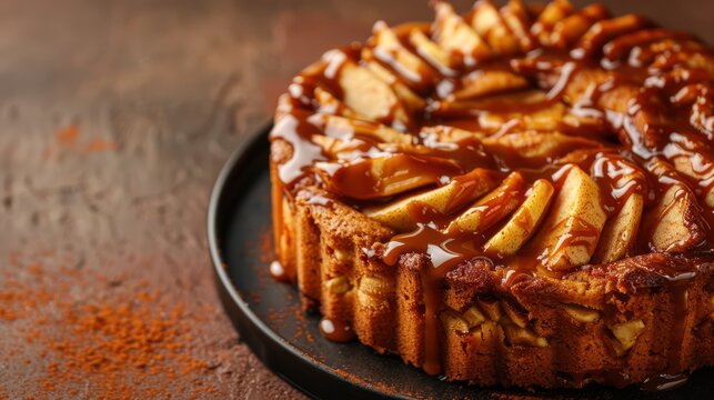rustic apple cinnamon cake with caramel icing on a warm cinnamon background, cozy and perfect for autumnal text