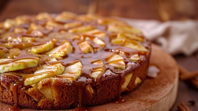 rustic apple cider cake with caramel drizzle, set against a warm cinnamon background