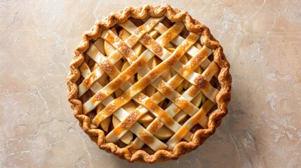 rustic apple pie cake with a lattice top on a light brown background, cozy and perfect for warm greetings