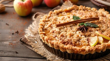 Aufkleber - rustic apple crumble cake with a cinnamon stick garnish on a warm caramel background, cozy for inviting text