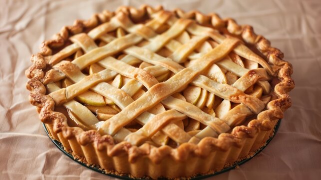 rustic apple pie cake with a lattice top on a light brown background, cozy and perfect for warm greetings