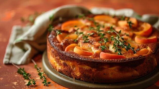 rustic apricot and thyme cake, presented on a warm burnt orange backdrop, ideal for autumn celebrations