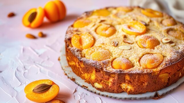 rustic apricot and almond cake with apricot halves on a pastel apricot background, cozy and inviting for warm greetings