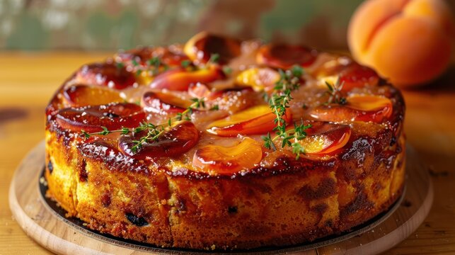 rustic apricot and thyme cake, presented on a warm burnt orange backdrop, ideal for autumn celebrations