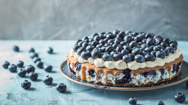 rustic blueberry and cream cheese cake with fresh blueberries on a pastel blue background, inviting and perfect for summery text