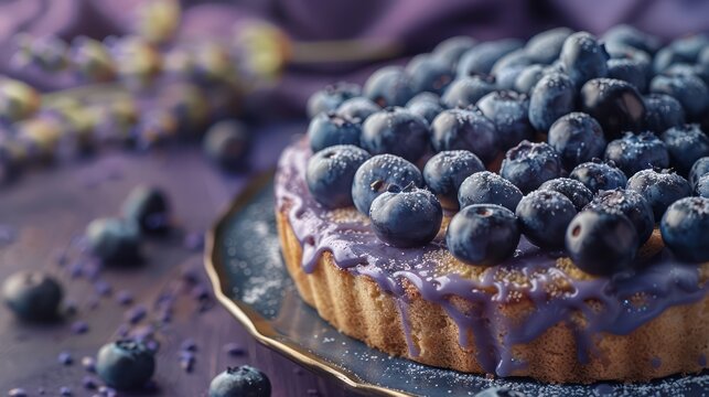 rustic blueberry lavender cake with fresh blueberries on a deep lavender background, inviting and perfect for relaxing text